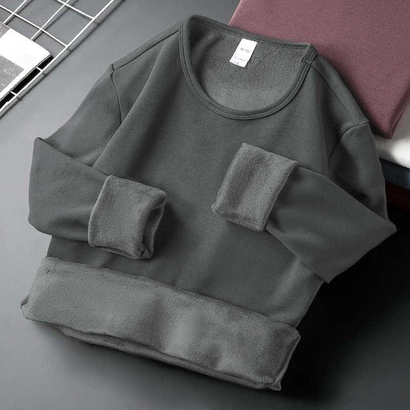 圆领长袖t恤男秋冬季保暖加绒加厚潮流修身内搭打底衫纯色秋衣服