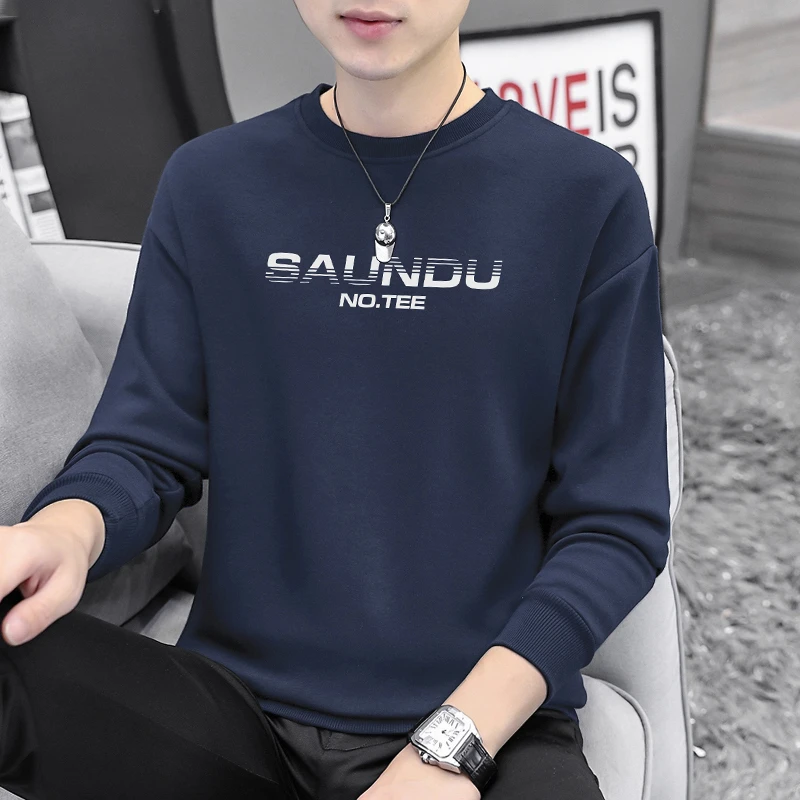 2024新款卫衣男生潮牌字母印花无帽上衣秋冬加绒加厚圆领长袖t恤