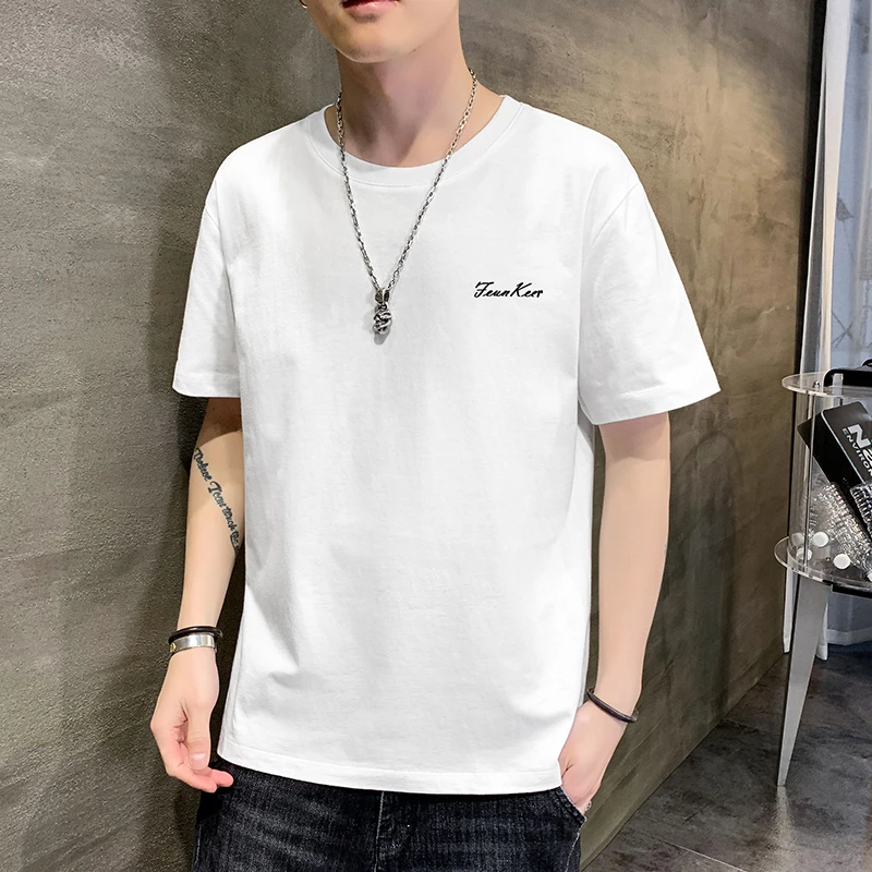 纯棉白色短袖t恤男夏季潮流宽松圆领半袖体恤衫男夏装潮牌上衣服