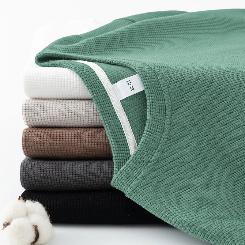 男士卫衣华夫格秋冬款保暖无帽上衣加绒加厚圆领套头纯色长袖t恤