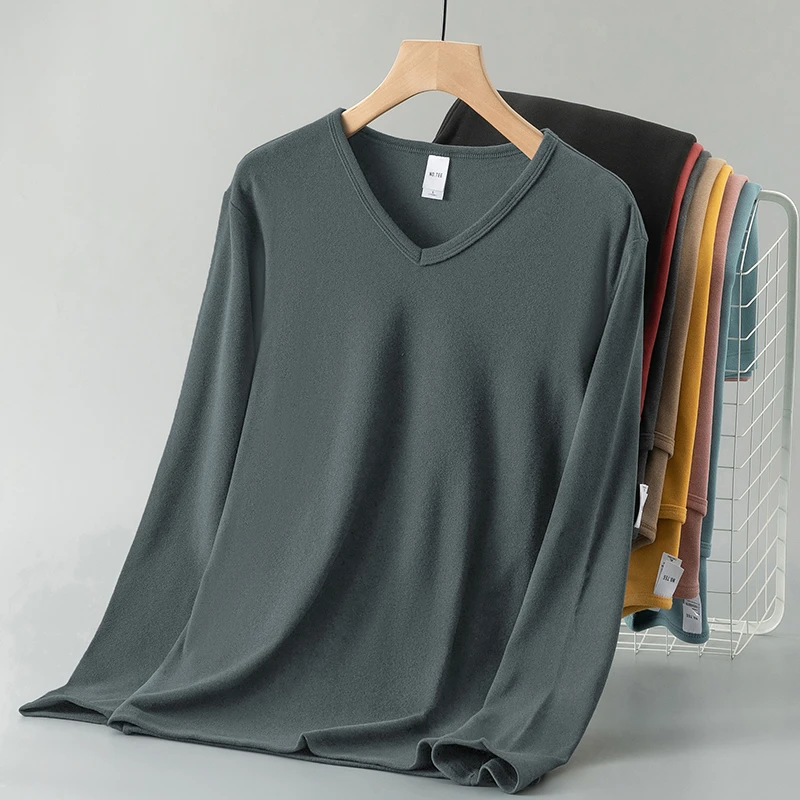 德绒长袖t恤男秋冬季潮流V领上衣服纯色内搭打底衫双面绒保暖小衫