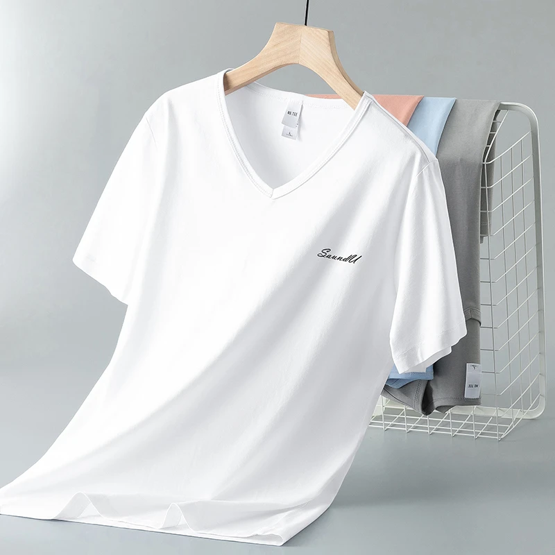 莫代尔纤维短袖t恤男潮流V领上衣服冰丝凉感夏季半袖速干白色体恤