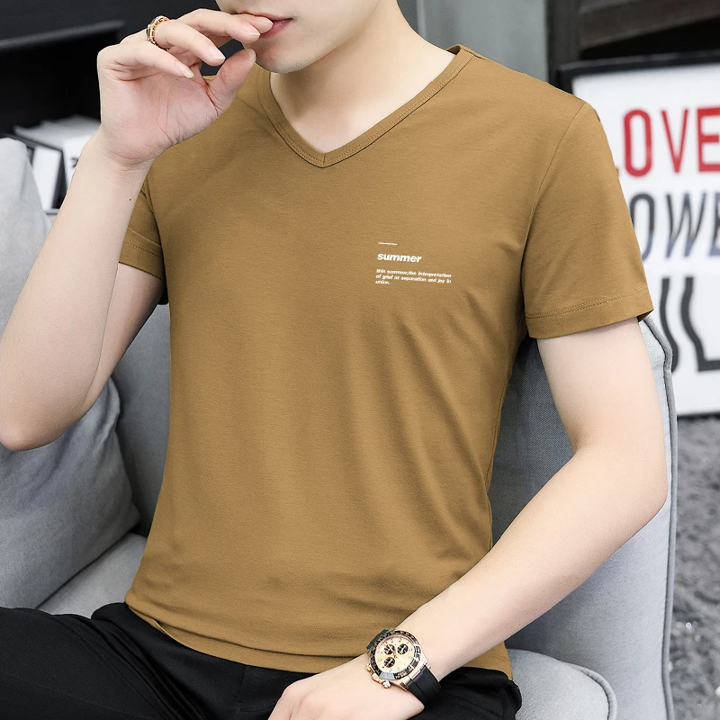 莫代尔纤维冰丝t恤男短袖V领速干凉感上衣服潮流修身半袖印花体恤