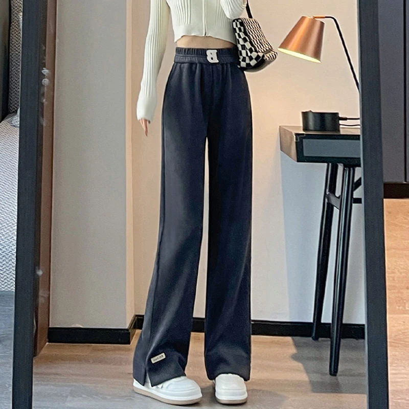 黑色直筒裤子女大码胖mm80-300斤春秋冬加绒显瘦开叉休闲阔腿卫裤