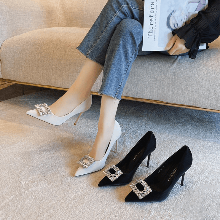 717-33【8厘米】黑色高跟鞋女时尚百搭尖头细跟春秋款法式水钻单鞋