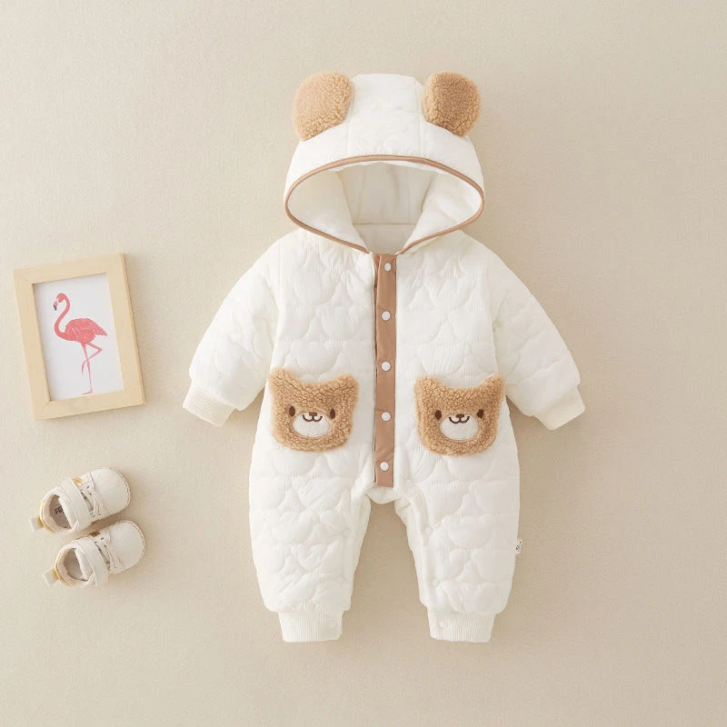 婴儿秋冬款薄棉连体衣新生儿宝宝秋冬季夹棉外出爬服保暖棉服哈衣