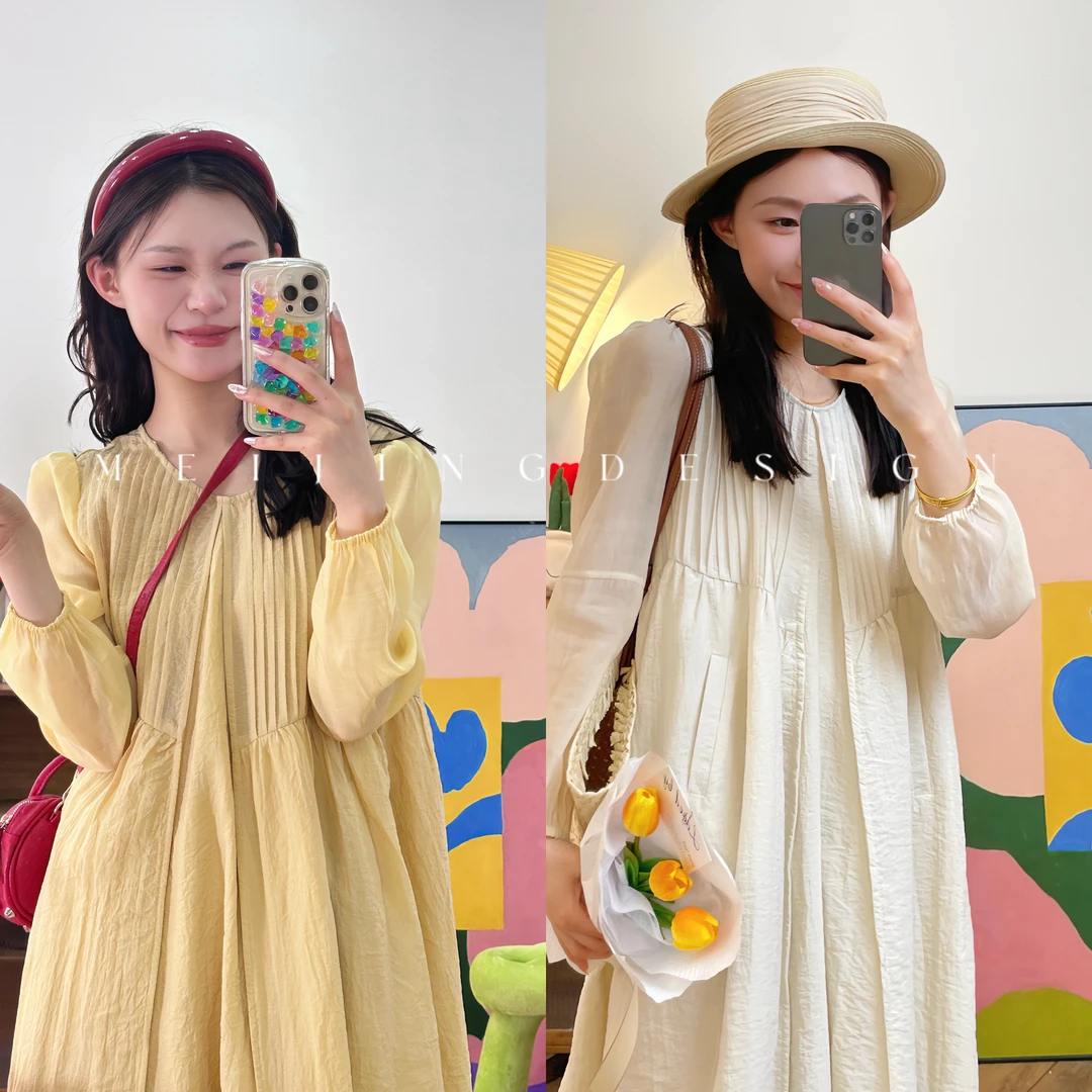 美静 手洗亚麻长袖连衣裙色XMGS1311