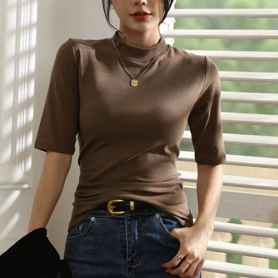 紫皇冠521#新款女式半高领中袖纯色时尚百搭显瘦打底衫T恤上衣