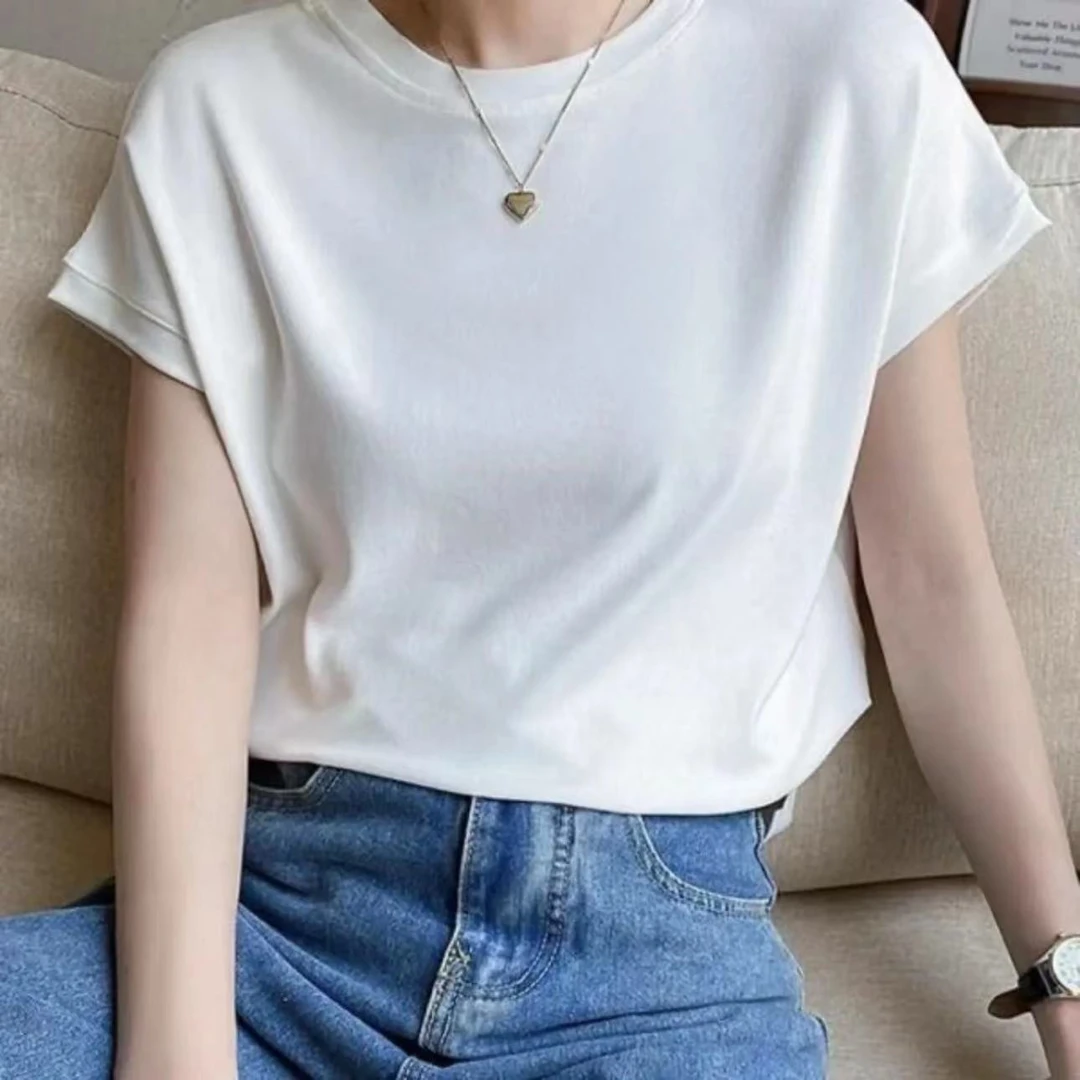 【紫皇冠】3066#显瘦百搭飞飞袖夏季T恤女时尚休闲夏季红色纯色圆领
