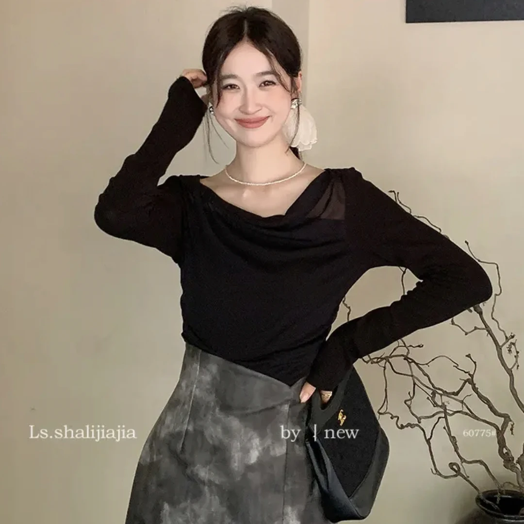 2024秋季长袖网纱堆堆领小衫时尚气质显瘦洋气女士纯色打底上衣