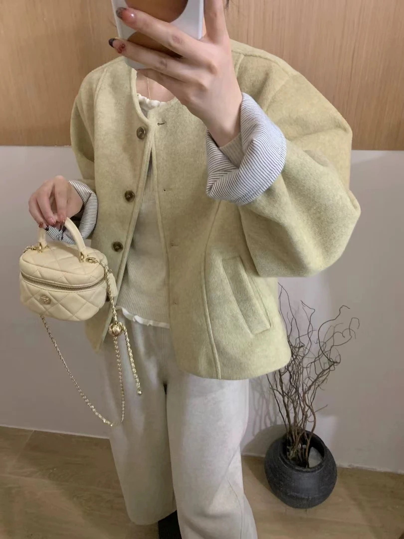韩系通勤甜美小香风羽服短外套女2024冬季新款气质毛呢上衣开衫
