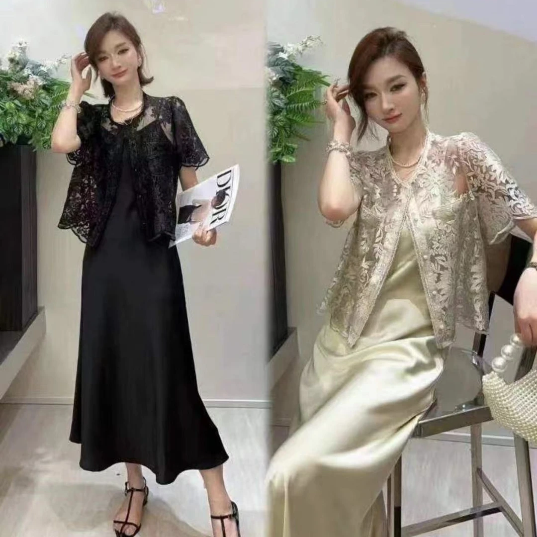 2024夏新款套装气质女神范高级感马甲+醋酸缎面吊带连衣裙两件套