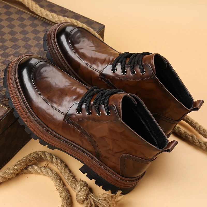 276英伦风男靴冬季加绒新款皮靴男士青年百搭真皮韩版工装马丁靴