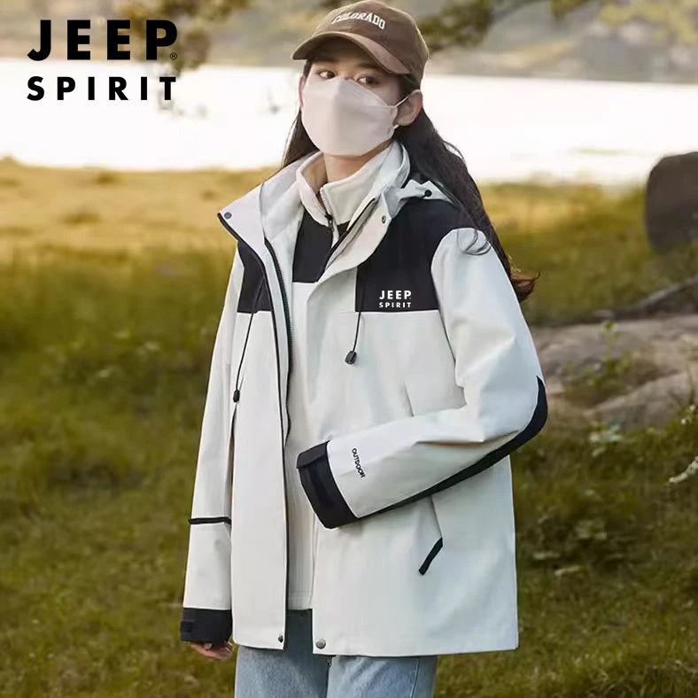 JEEP冲锋衣女2023新款情侣户外可拆卸防风防水登山服冬季外套男