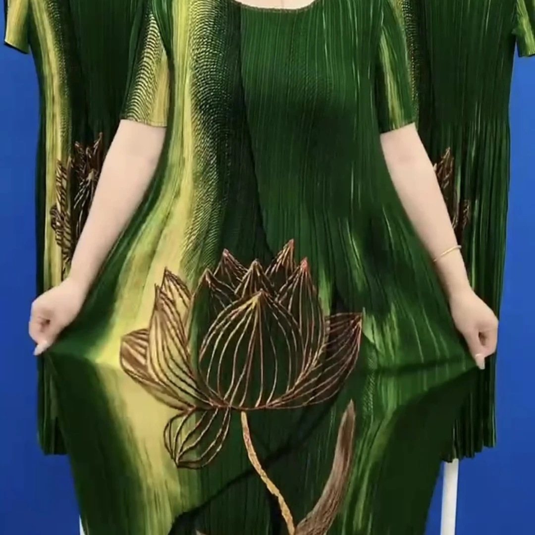 网红新款褶皱连衣裙高端中老年女装大码宽松妈妈夏装裙子减龄