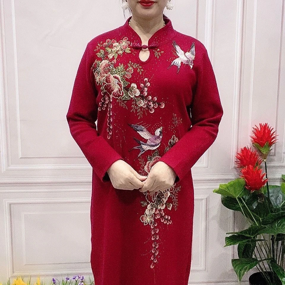 高档大码妈妈连衣裙修身显瘦旗袍裙秋冬小鸟网红爆款连衣裙