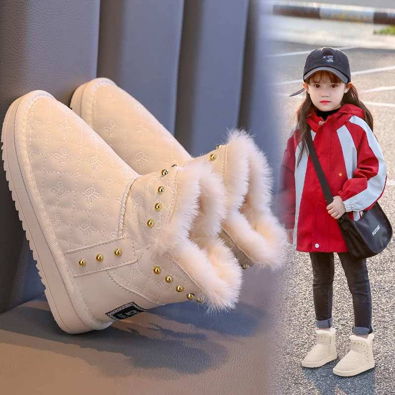 回力瑞女童雪地靴2023冬季加绒款时尚休闲中大童加厚保暖棉鞋冬鞋