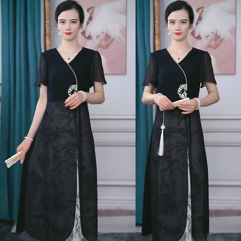 连衣裙女夏季2024新款气质时尚高级感遮肚显瘦妈妈新中式国风裙子