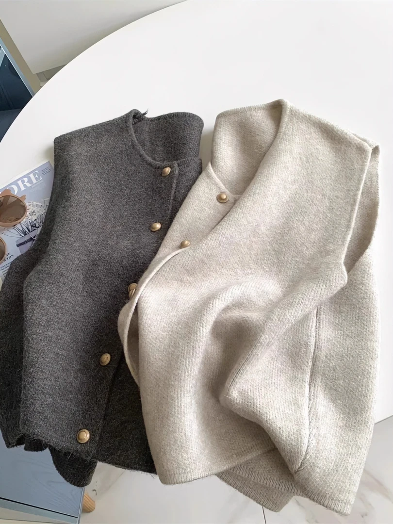 温柔系单排扣金扣子气质百搭针织马甲背心女春秋叠穿外穿坎肩上衣