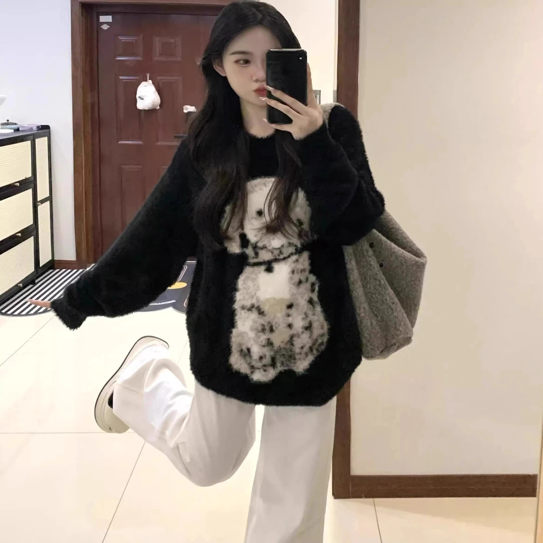 黑色斑点狗毛茸茸毛衣女宽松软糯慵懒风加厚黑色针织衫上衣779