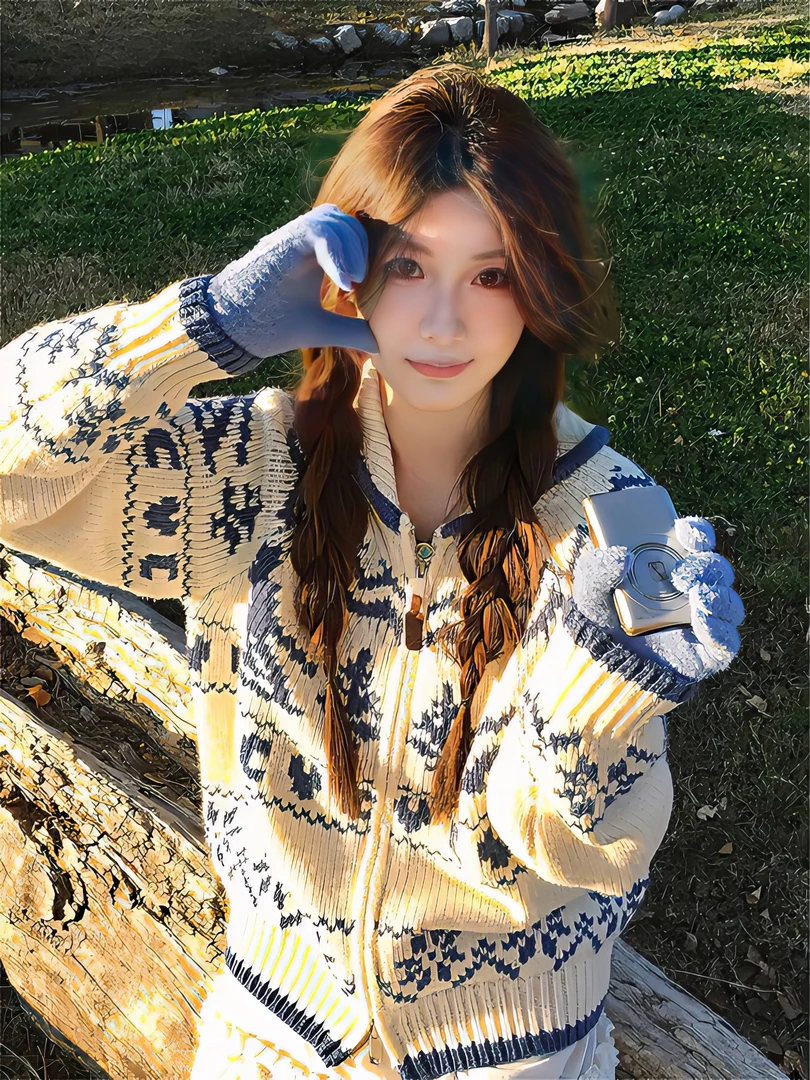 费尔岛提花针织开衫女春季加厚设计感小众宽松慵懒艺术生毛衣外套