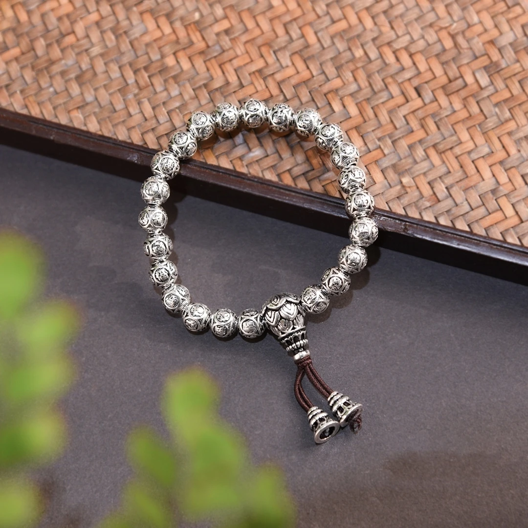 足银手链 足银999福字手串复古做旧经典时尚纯银珠珠手链个性百搭