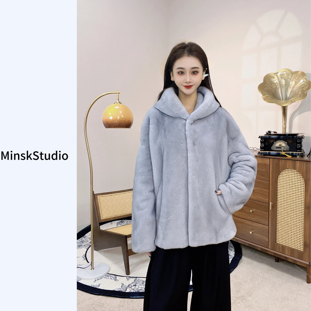 新款冬季时尚丹麦进口紫金短二连帽中长水貂外套女连帽 22073