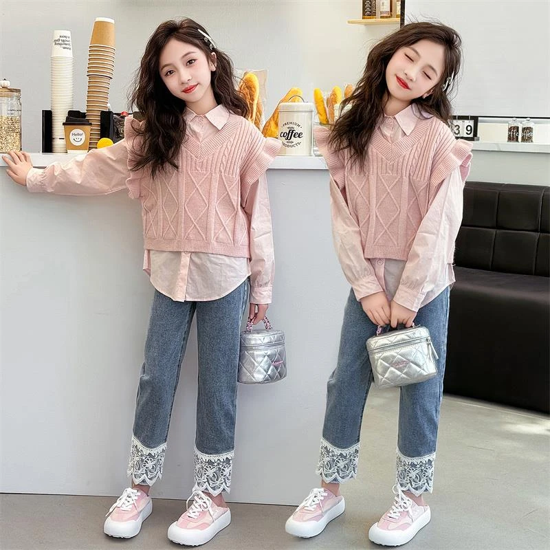 女童春秋款马甲衬衫套装外穿牛仔女大童洋气秋季儿童休闲时髦秋装