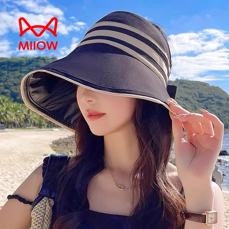 猫人太阳帽女款夏季遮阳空顶防紫外线可弯折大帽檐黑胶防晒遮阳帽