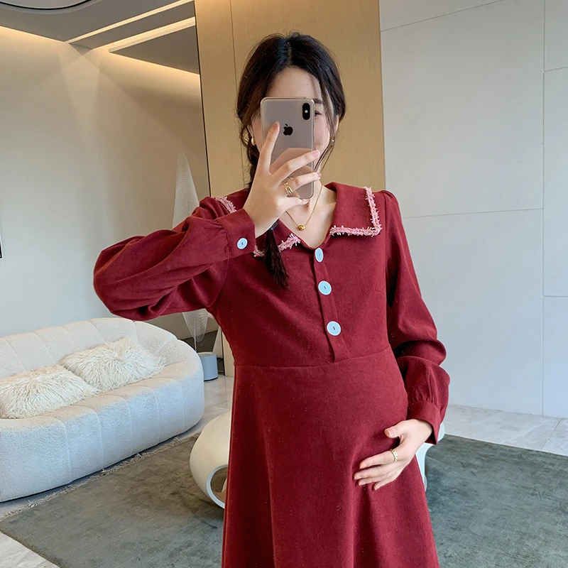 孕妇连衣裙2024新款秋季小个子轻奢高级感长袖红色孕妇装