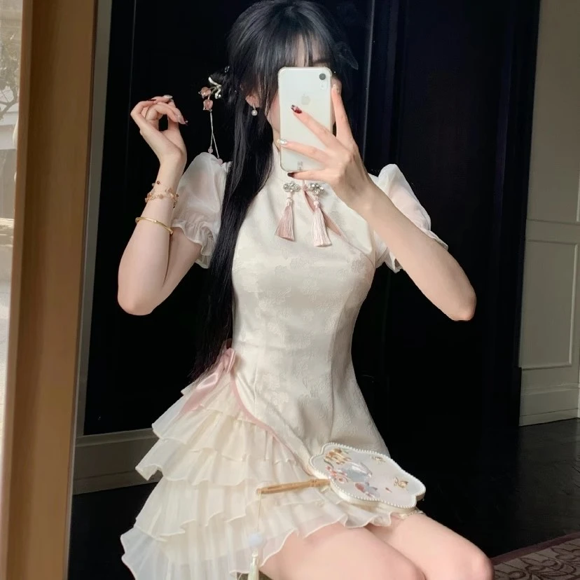 新中式蝴蝶结提花旗袍连衣裙女夏季新款收腰短裙子甜美蛋糕裙时尚