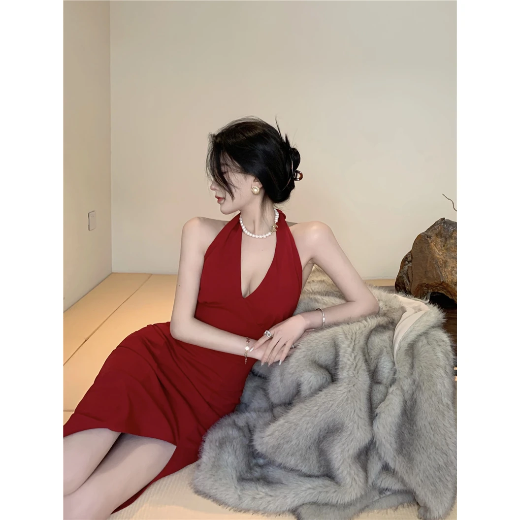 红色无袖收腰显瘦开叉包臀高端精致连衣裙夏季性感甜辣妹长裙女装