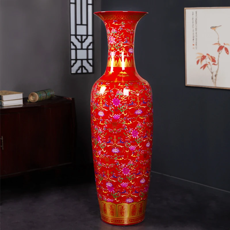 景德镇陶瓷器中国红色落地大花瓶欧式客厅装饰摆件清仓特大号开业