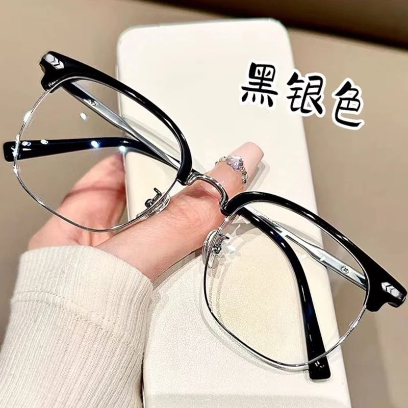 网红痞帅半框近视眼镜方圆脸显瘦男女百搭素颜防蓝光平光镜潮流