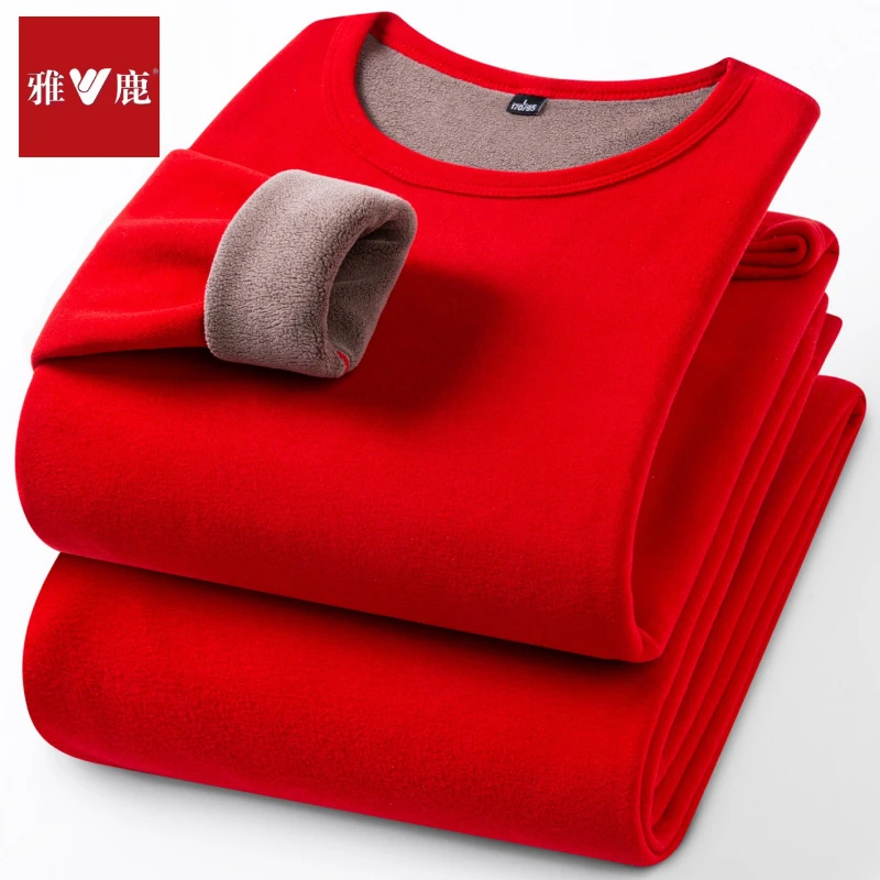V雅鹿【驼绒巨厚】冬季保暖内衣套装男女本命年大红色加绒加厚