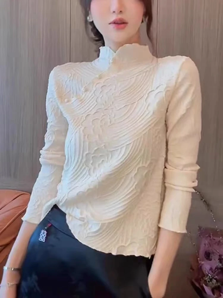 三宅褶皱长袖女国风刺绣半高领t恤修身旗袍扣秋季上衣高端打底衫