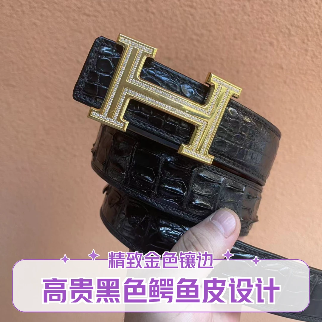 带钻H扣黑色高贵金色鳄鱼骨皮腰带百搭真皮