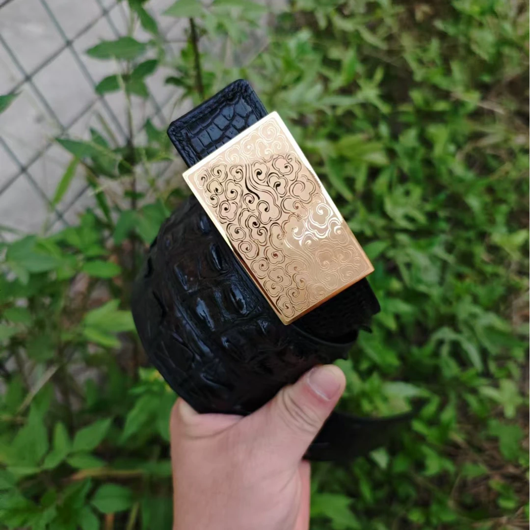 鳄鱼骨皮腰带腰带扣黑色金色裤腰带真皮祥云扣头镀金镀银