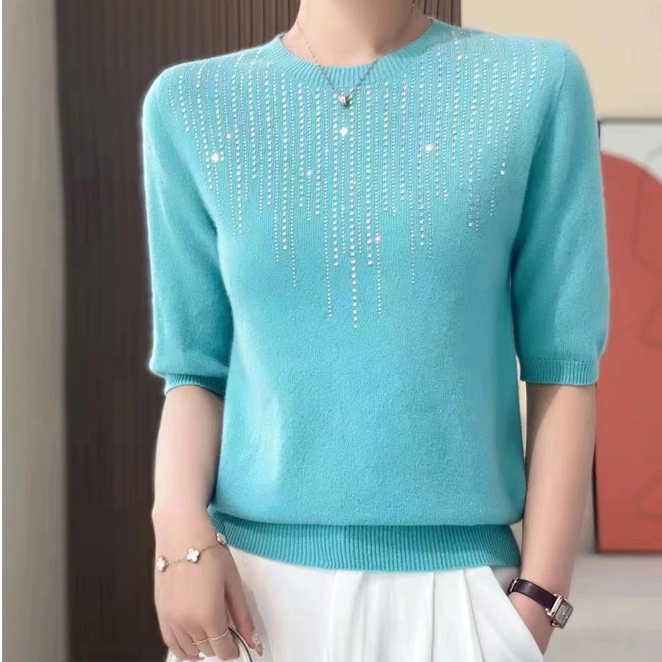 100%绵羊毛时尚烫钻短袖女减龄修身打底上衣圆领通勤女装1205-2