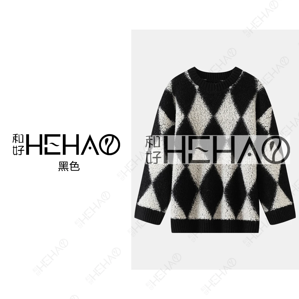 【华夫饼】100%绵羊毛慵懒风圆领长袖菱形格秋冬女百搭针织衫5836