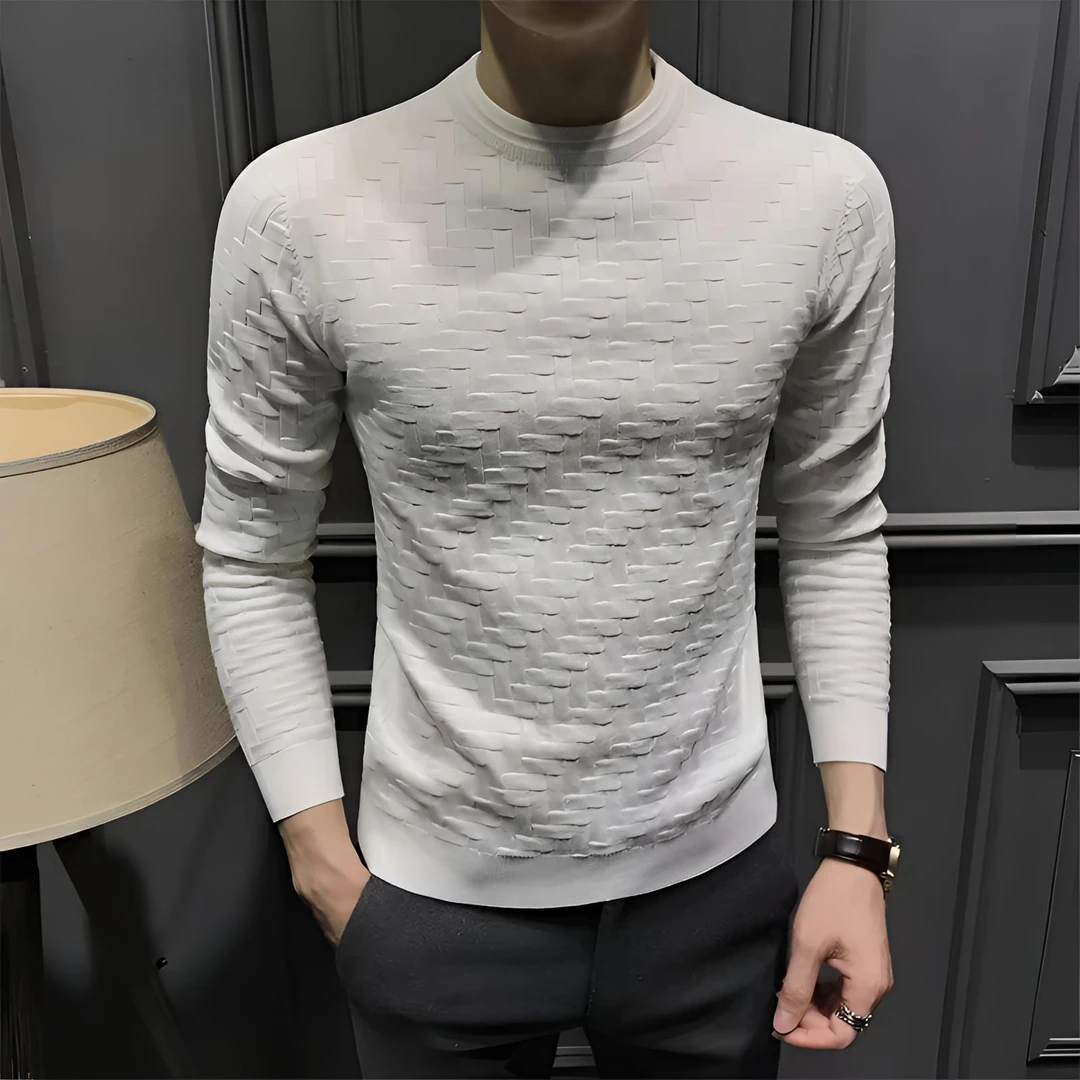 秋冬新款柔软弹力提花编织毛衣男圆领套头针织衫修身男格子打底衫