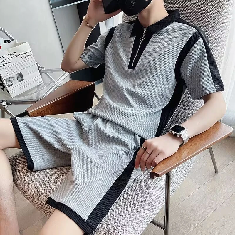 夏季新款冰丝华夫格时尚运动套装宽松t恤休闲短裤青少年男装帅气