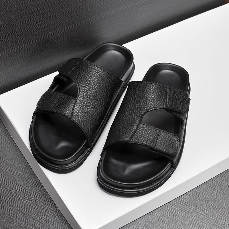 牛皮拖鞋男夏季休闲透气厚底凉拖鞋个性室外潮流沙滩鞋防滑一字拖