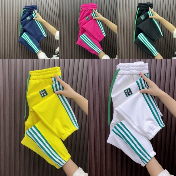 洋气秋季时尚透气糖果色潮流卫裤侧边三杠宽松束脚条纹女裤长裤