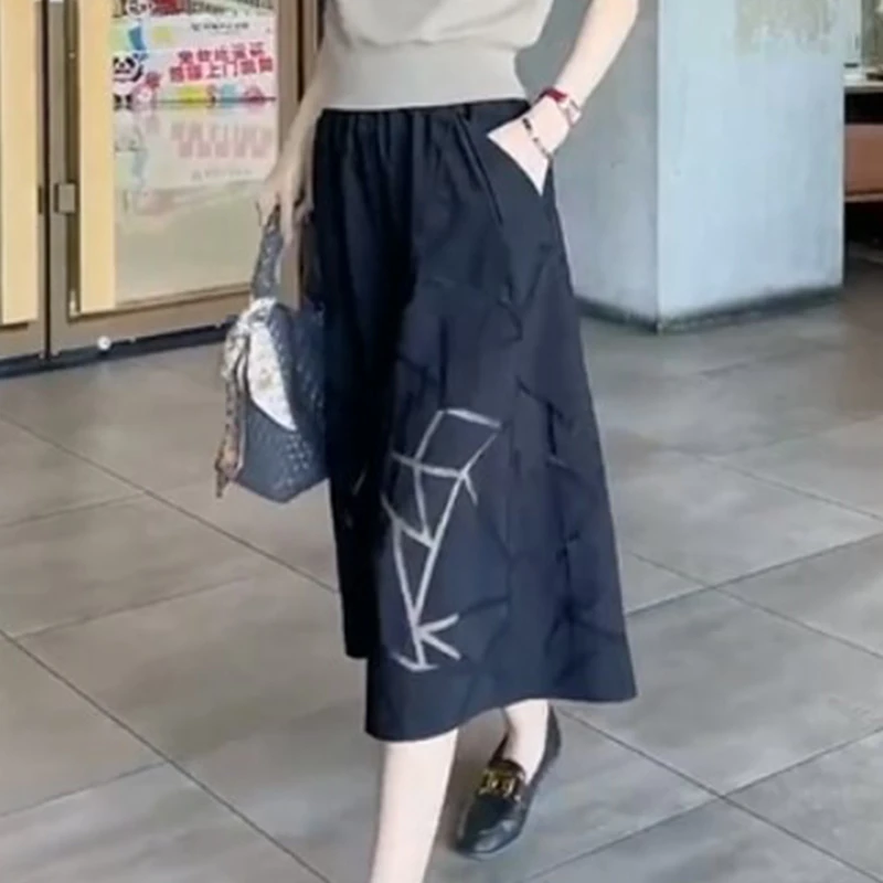 时尚黑色休闲裤女装2024夏季新款洋气减龄上衣遮肚子气质中长裙裤