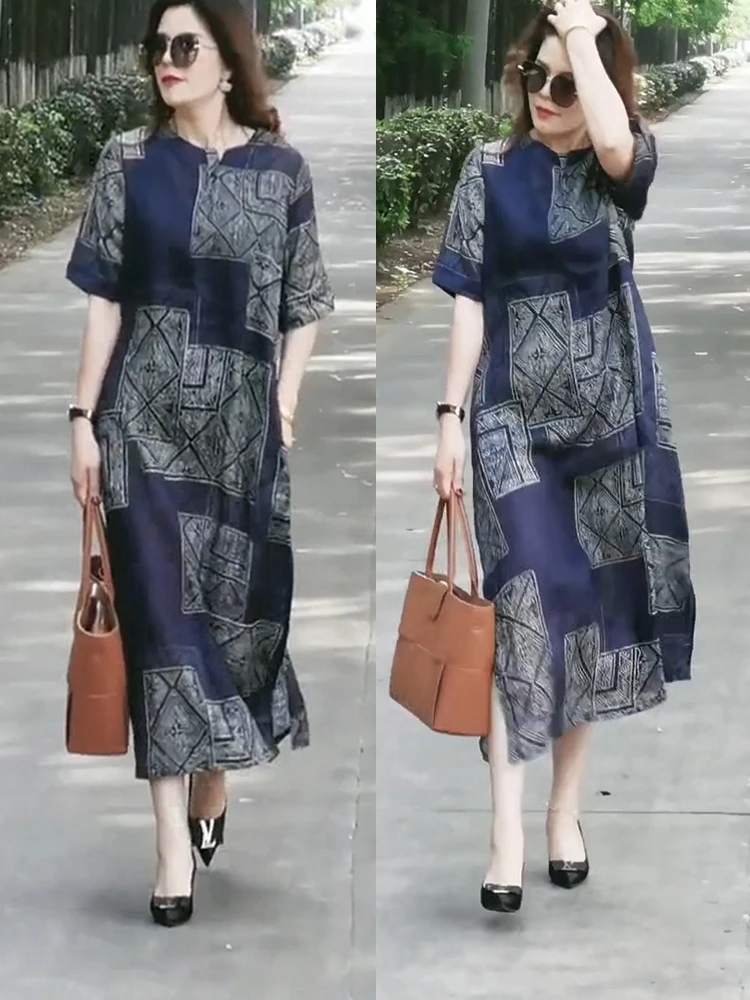 高级轻奢女装复古印花棉麻连衣裙时尚休闲显瘦宽松长裙大码妈妈装