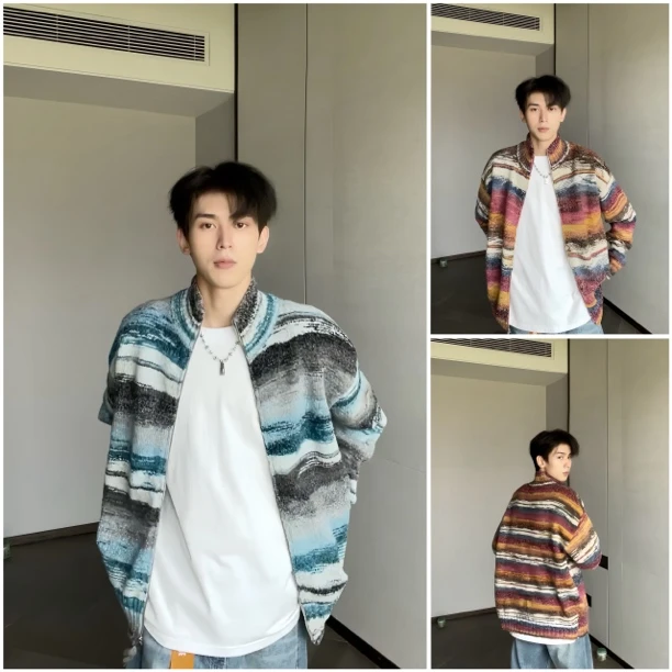 XF-秋冬季新款加厚保暖简约宽松休闲针织开衫外套男女款渐变毛衣