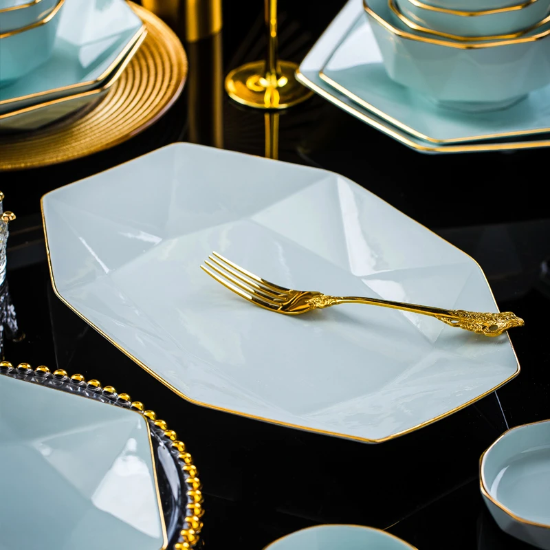 影青/白色12英寸八角鱼盘景德镇家用陶瓷盘子餐具加深菜盘餐盘