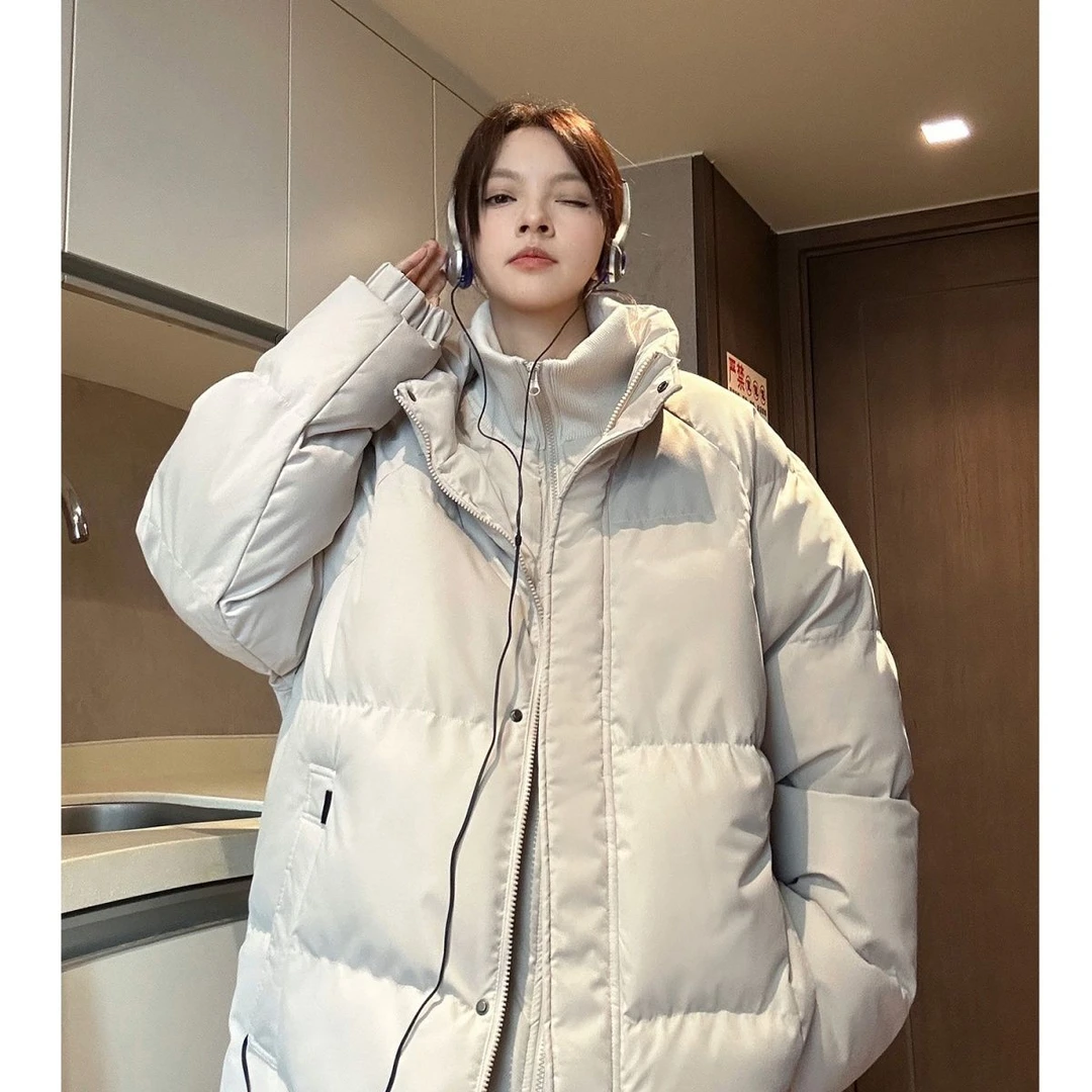 米白色假两件棉服男冬季美式情侣立领棉衣保暖加厚防寒面包服外套
