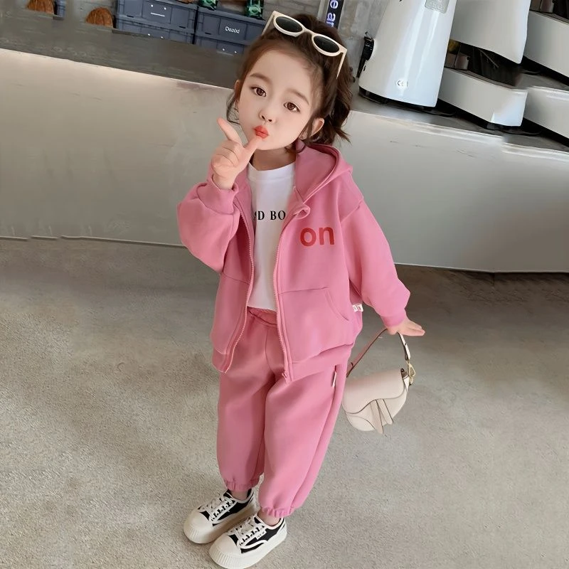 清仓儿童套装春秋中厚女宝宝连帽运动服女童外套洋气休闲两件套潮